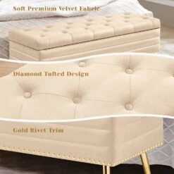 Velvet Beige Storage Ottoman Entryway Bench With Gold Base And Diamond Tufted Design For Living Room -More Furniture Store beige jearey bedroom benches ykcw beige 4f 1000