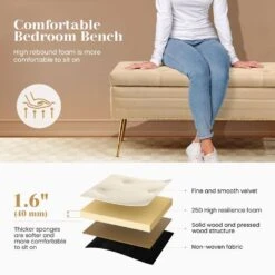 Velvet Beige Storage Ottoman Entryway Bench With Gold Base And Diamond Tufted Design For Living Room -More Furniture Store beige jearey bedroom benches ykcw beige c3 1000