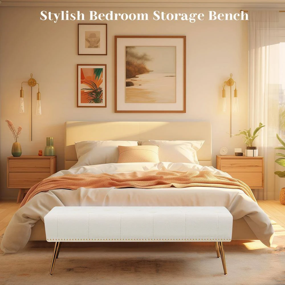 Modern Beige Velvet Ottoman Bench With Gold Base & Diamond Tufted Design For Bedroom 8 Modern Beige Velvet Ottoman Bench With Gold Base & Diamond Tufted Design For Bedroom - Image 8