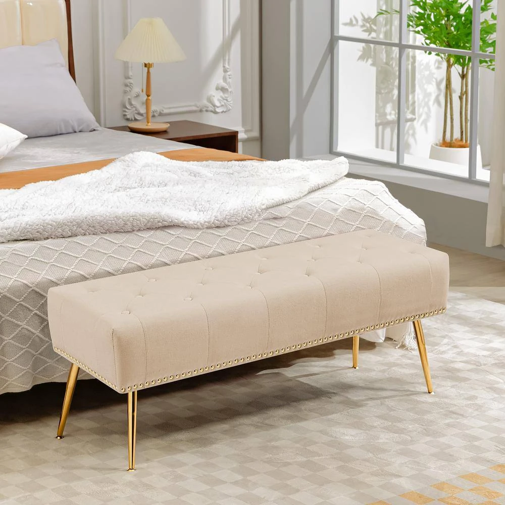 Modern Beige Velvet Ottoman Bench With Gold Base & Diamond Tufted Design For Bedroom 6 Modern Beige Velvet Ottoman Bench With Gold Base & Diamond Tufted Design For Bedroom - Image 6