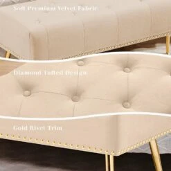 Modern Beige Velvet Ottoman Bench With Gold Base & Diamond Tufted Design For Bedroom 11 Modern Beige Velvet Ottoman Bench With Gold Base & Diamond Tufted Design For Bedroom -More Furniture Store beige jearey bedroom benches ykdj beige 4f 1000