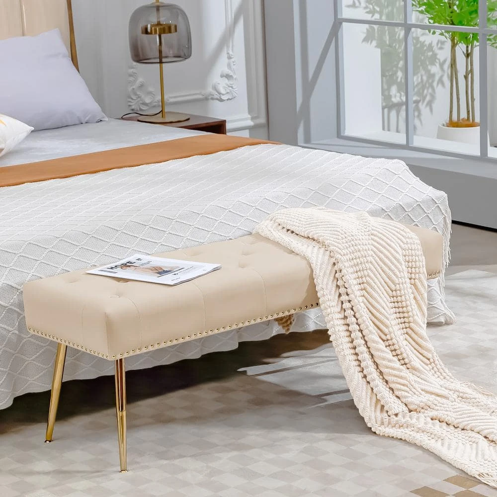 Modern Beige Velvet Ottoman Bench With Gold Base & Diamond Tufted Design For Bedroom 1 Modern Beige Velvet Ottoman Bench With Gold Base & Diamond Tufted Design For Bedroom