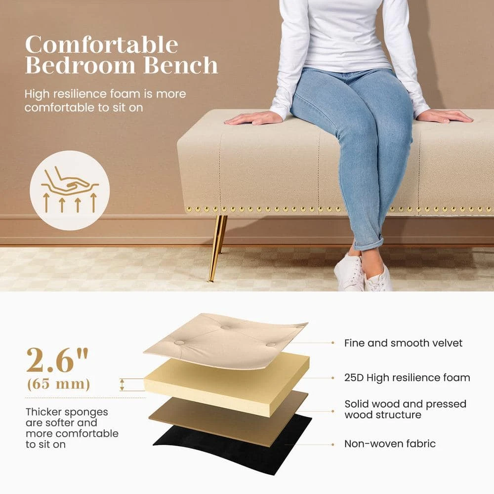 Modern Beige Velvet Ottoman Bench With Gold Base & Diamond Tufted Design For Bedroom 3 Modern Beige Velvet Ottoman Bench With Gold Base & Diamond Tufted Design For Bedroom - Image 3