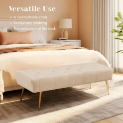 Modern Beige Velvet Ottoman Bench With Gold Base & Diamond Tufted Design For Bedroom 14 Modern Beige Velvet Ottoman Bench With Gold Base & Diamond Tufted Design For Bedroom -More Furniture Store beige jearey bedroom benches ykdj beige fa 1000
