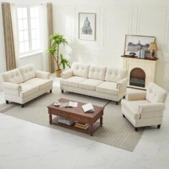 Modern 3-Piece Beige Chenille Living Room Set With Nailhead Trim And Rubberwood Legs -More Furniture Store beige jearey living room sets ldsf 123set beige 31 1000