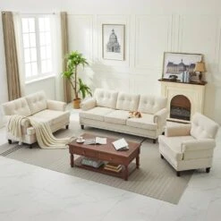 Modern 3-Piece Beige Chenille Living Room Set With Nailhead Trim And Rubberwood Legs -More Furniture Store beige jearey living room sets ldsf 123set beige 44 1000