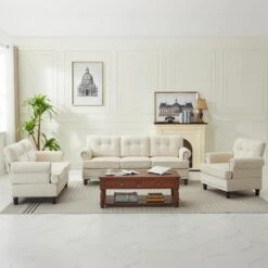 Modern 3-Piece Beige Chenille Living Room Set With Nailhead Trim And Rubberwood Legs