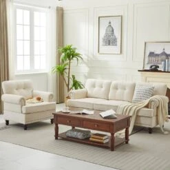 Modern 2-Piece Beige Chenille Living Room Set With Nailhead Trim And Rubberwood Legs -More Furniture Store beige jearey living room sets ldsf 13set beige 1f 1000
