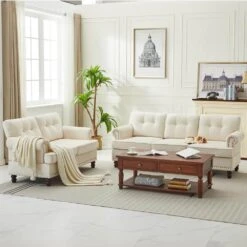 Modern 2-Piece Beige Chenille Loveseat And Sofa Living Room Set With Nailhead Trim And Rubberwood Legs -More Furniture Store beige jearey living room sets ldsf 23set beige 44 1000