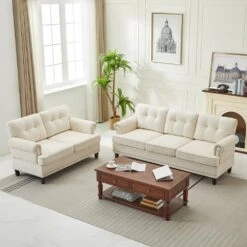 Modern 2-Piece Beige Chenille Loveseat And Sofa Living Room Set With Nailhead Trim And Rubberwood Legs