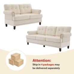 Modern 2-Piece Beige Chenille Loveseat And Sofa Living Room Set With Nailhead Trim And Rubberwood Legs -More Furniture Store beige jearey living room sets ldsf 23set beige c3 1000