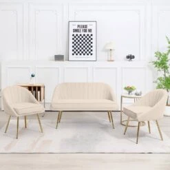 3-Piece Living Room Set With Brushed Velvet In Beige 15 3-Piece Living Room Set With Brushed Velvet In Beige -More Furniture Store beige jearey living room sets tz 4 bg 31 1000