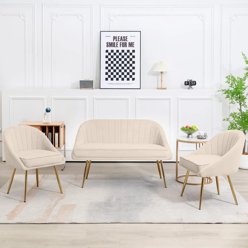 3-Piece Living Room Set With Brushed Velvet In Beige 1 3-Piece Living Room Set With Brushed Velvet In Beige