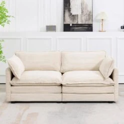 Modern Beige Corduroy Loveseat With Two Pillows For Living