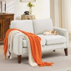 Sanfe 57 In. Beige Solid Fabric 2-Seat Loveseat With Nailhead 13 Sanfe 57 In. Beige Solid Fabric 2-Seat Loveseat With Nailhead -More Furniture Store beige jearey loveseats sfrm 2 beige 31 1000