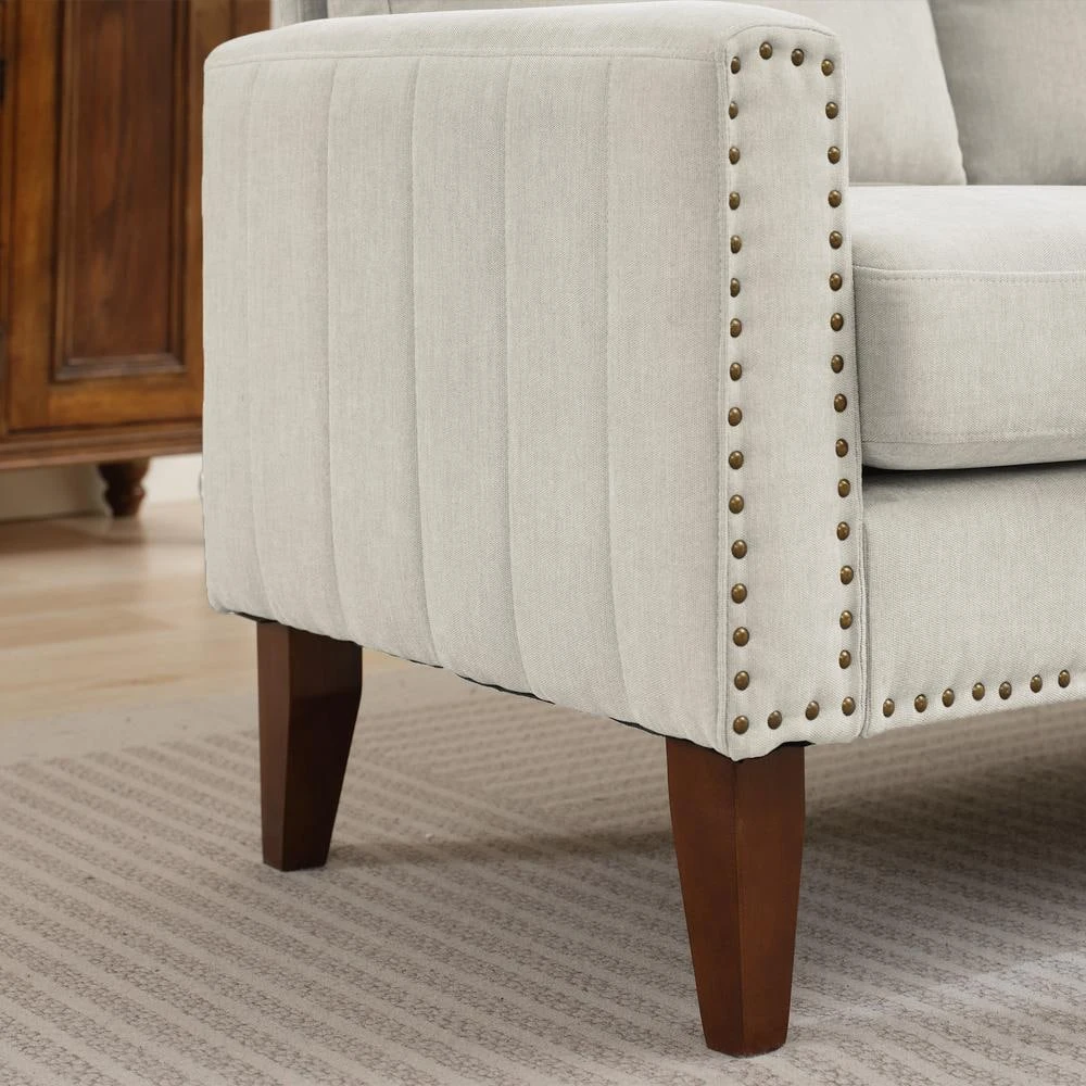 Sanfe 57 In. Beige Solid Fabric 2-Seat Loveseat With Nailhead 3 Sanfe 57 In. Beige Solid Fabric 2-Seat Loveseat With Nailhead - Image 3