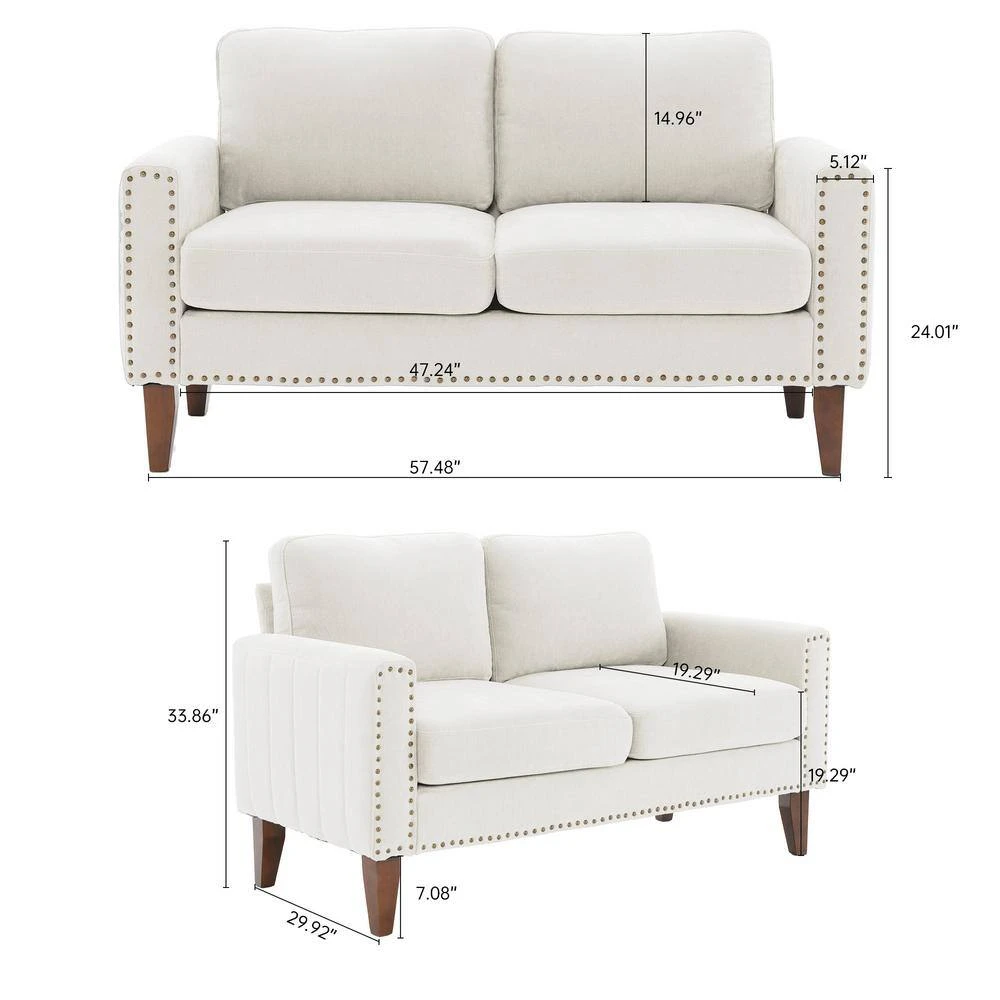 Sanfe 57 In. Beige Solid Fabric 2-Seat Loveseat With Nailhead 2 Sanfe 57 In. Beige Solid Fabric 2-Seat Loveseat With Nailhead - Image 2
