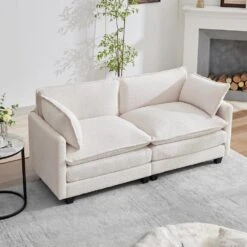 Modern 76.77 In. Beige Looped Velvet Loveseat With Two Pillows For Living -More Furniture Store beige jearey loveseats tz 4 ny 44 1000