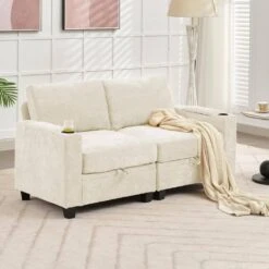 Modern 64.6 In Beige Chenille Storage Loveseat With Cup Holder And Ottoman For Living -More Furniture Store beige jearey loveseats xnecw 2 beige 31 1000