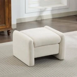 Beige Chenille Wood Comfort Outdoor Ottoman For Couch