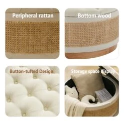 Beige Linen Tufted Rattan Round Storage Ottoman For Bedroom And Living Room 15 Beige Linen Tufted Rattan Round Storage Ottoman For Bedroom And Living Room -More Furniture Store beige jearey ottomans xgjd beige 1f 1000