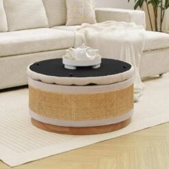 Beige Linen Tufted Rattan Round Storage Ottoman For Bedroom And Living Room 19 Beige Linen Tufted Rattan Round Storage Ottoman For Bedroom And Living Room -More Furniture Store beige jearey ottomans xgjd beige 31 1000