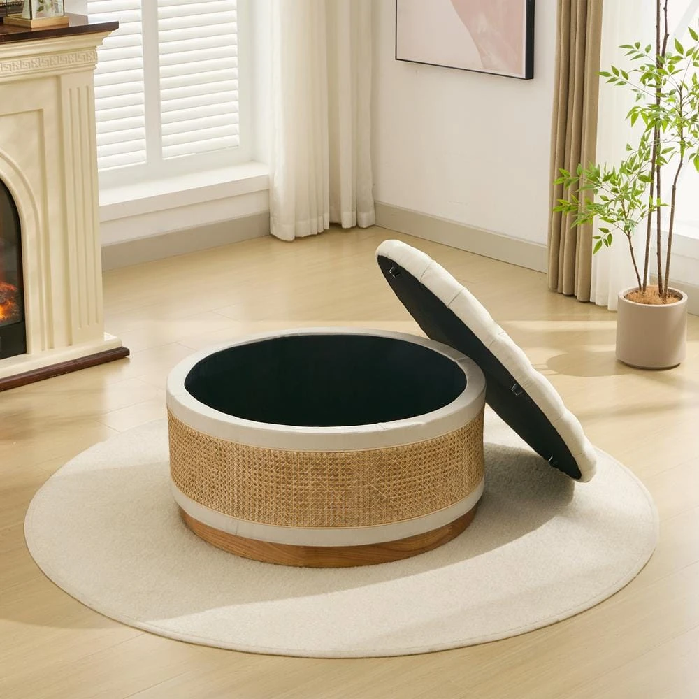 Beige Linen Tufted Rattan Round Storage Ottoman For Bedroom And Living Room 7 Beige Linen Tufted Rattan Round Storage Ottoman For Bedroom And Living Room - Image 7