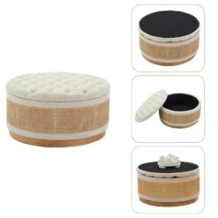 Beige Linen Tufted Rattan Round Storage Ottoman For Bedroom And Living Room 14 Beige Linen Tufted Rattan Round Storage Ottoman For Bedroom And Living Room -More Furniture Store beige jearey ottomans xgjd beige 4f 1000