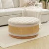 Beige Linen Tufted Rattan Round Storage Ottoman For Bedroom And Living Room