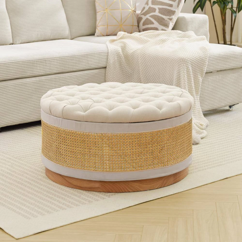 Beige Linen Tufted Rattan Round Storage Ottoman For Bedroom And Living Room 1 Beige Linen Tufted Rattan Round Storage Ottoman For Bedroom And Living Room
