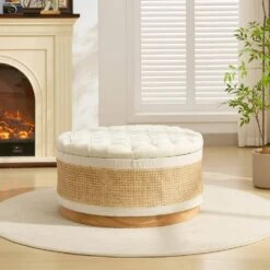 Beige Linen Tufted Rattan Round Storage Ottoman For Bedroom And Living Room 12 Beige Linen Tufted Rattan Round Storage Ottoman For Bedroom And Living Room -More Furniture Store beige jearey ottomans xgjd beige 66 1000