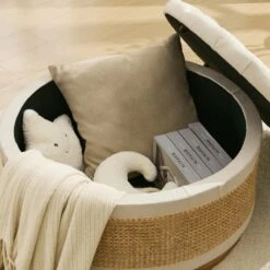 Beige Linen Tufted Rattan Round Storage Ottoman For Bedroom And Living Room 18 Beige Linen Tufted Rattan Round Storage Ottoman For Bedroom And Living Room -More Furniture Store beige jearey ottomans xgjd beige 76 1000