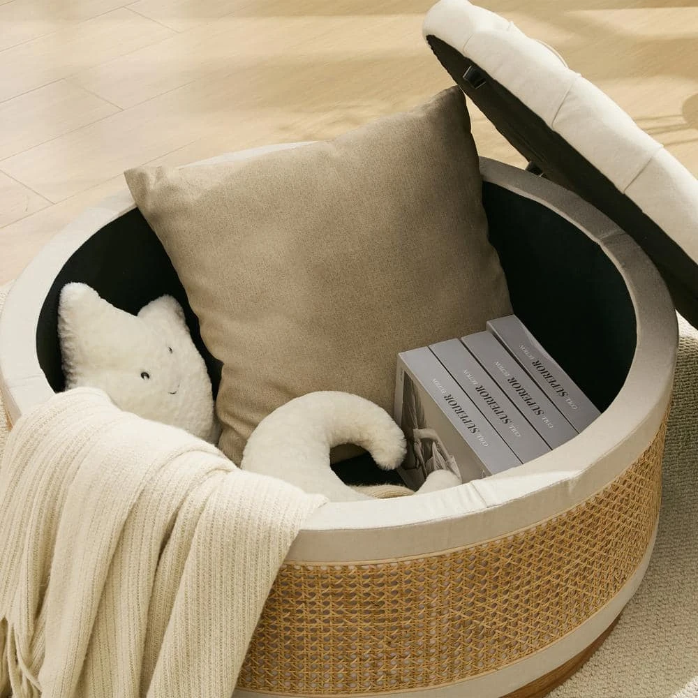 Beige Linen Tufted Rattan Round Storage Ottoman For Bedroom And Living Room 9 Beige Linen Tufted Rattan Round Storage Ottoman For Bedroom And Living Room - Image 9
