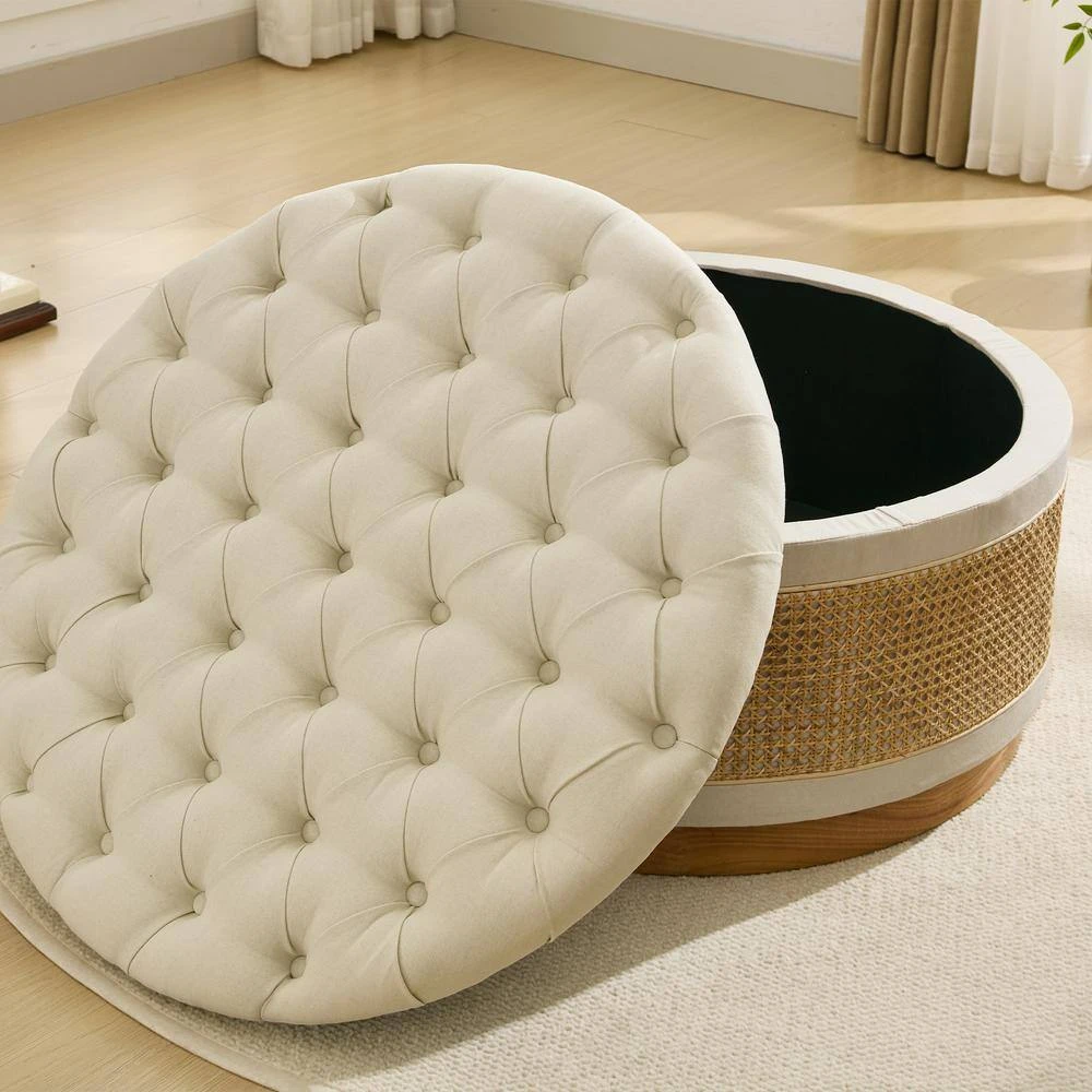 Beige Linen Tufted Rattan Round Storage Ottoman For Bedroom And Living Room 8 Beige Linen Tufted Rattan Round Storage Ottoman For Bedroom And Living Room - Image 8