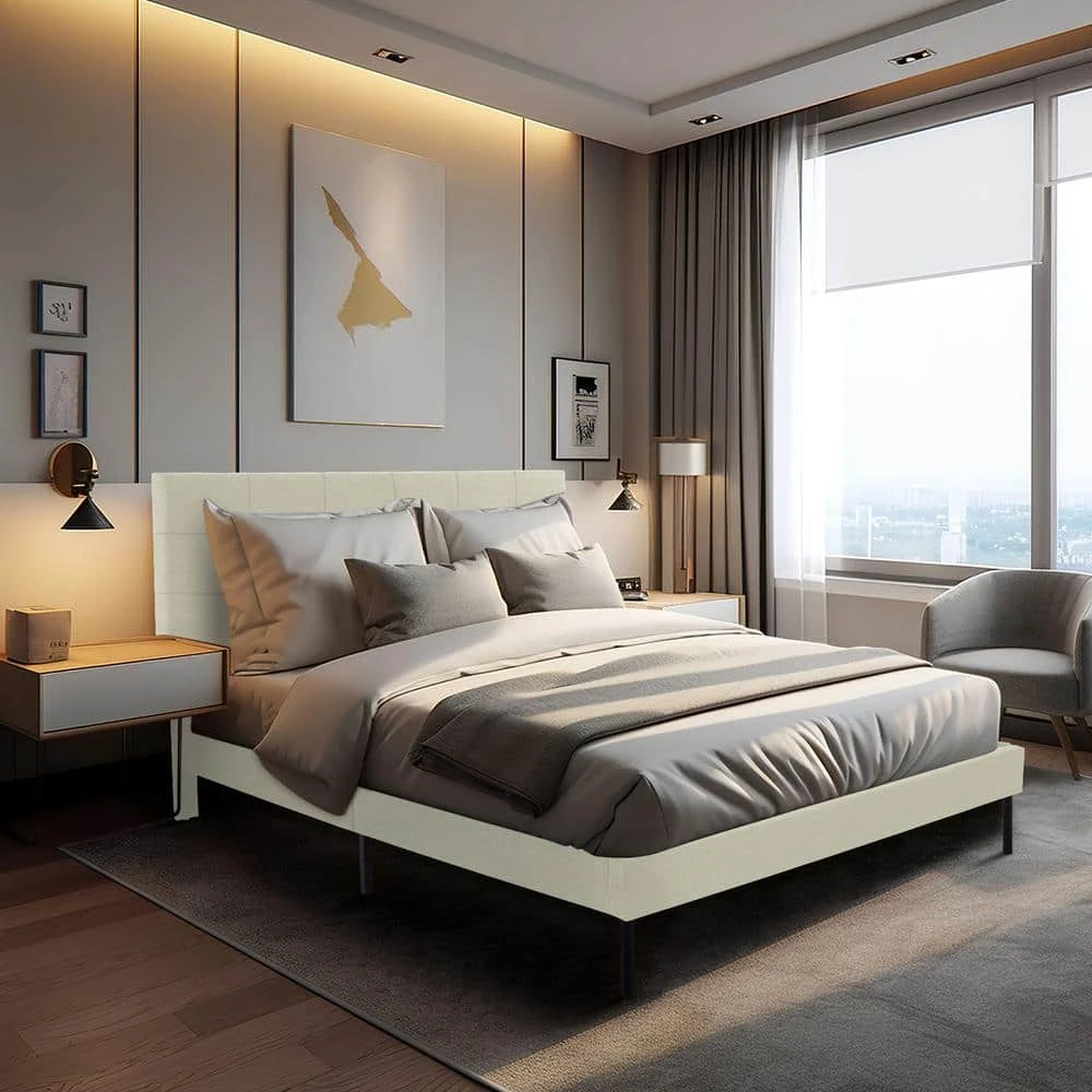 Alex Beige Queen Upholstered Platform Bed Frame With Headboard 8 Alex Beige Queen Upholstered Platform Bed Frame With Headboard - Image 8
