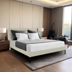 Alex Beige Queen Upholstered Platform Bed Frame With Headboard 14 Alex Beige Queen Upholstered Platform Bed Frame With Headboard -More Furniture Store beige jearey platform beds 10ftxlm beige 44 1000