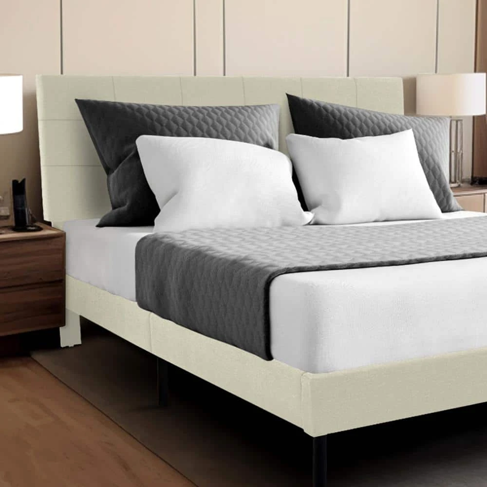 Alex Beige Queen Upholstered Platform Bed Frame With Headboard 1 Alex Beige Queen Upholstered Platform Bed Frame With Headboard