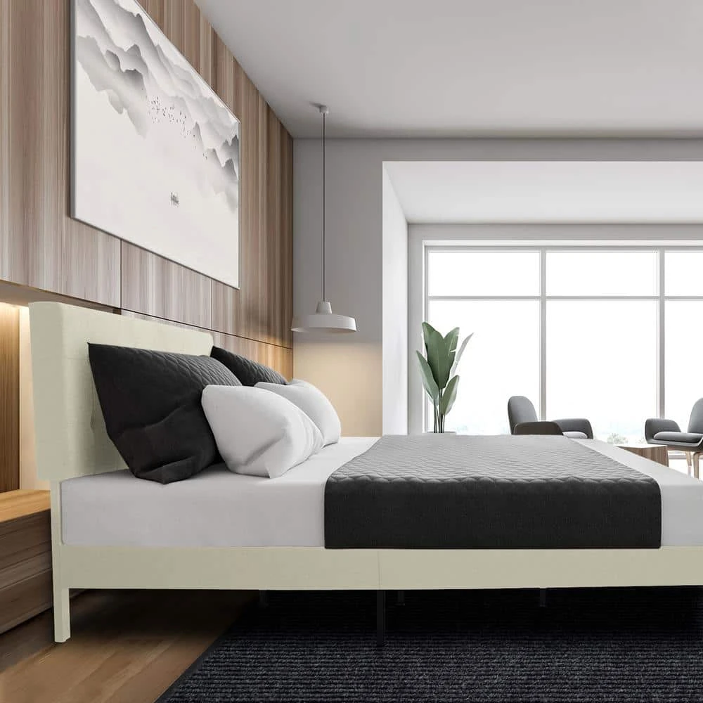 Alex Beige Queen Upholstered Platform Bed Frame With Headboard 2 Alex Beige Queen Upholstered Platform Bed Frame With Headboard - Image 2