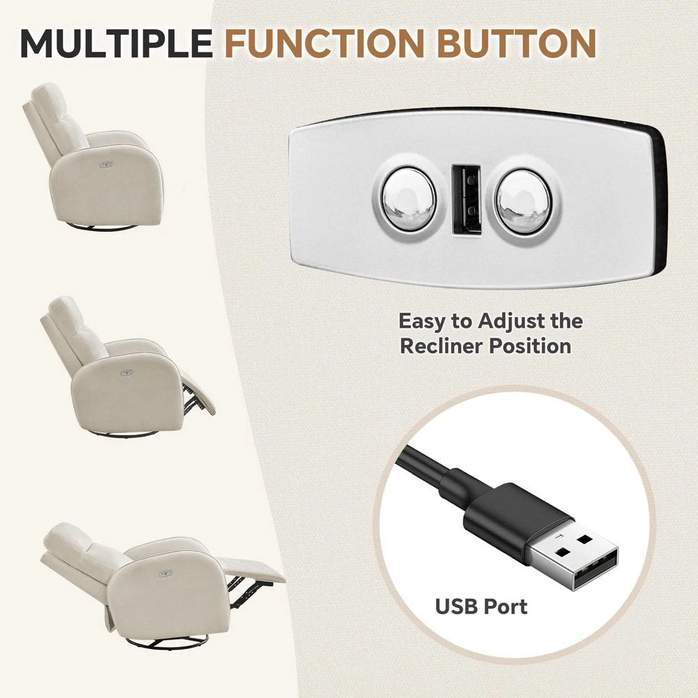 Chenille Beige 3-Position Swivel Power Nursery Recliner With USB And Induction Light Strip For Living Room 3 Chenille Beige 3-Position Swivel Power Nursery Recliner With USB And Induction Light Strip For Living Room - Image 3
