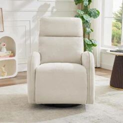 Chenille Beige 3-Position Swivel Power Nursery Recliner With USB And Induction Light Strip For Living Room