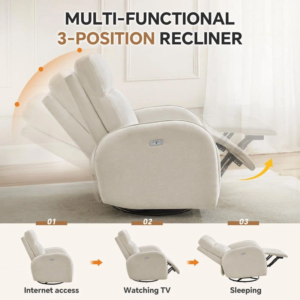 Chenille Beige 3-Position Swivel Power Nursery Recliner With USB And Induction Light Strip For Living Room (Set Of 2) 5 Chenille Beige 3-Position Swivel Power Nursery Recliner With USB And Induction Light Strip For Living Room (Set Of 2) - Image 5