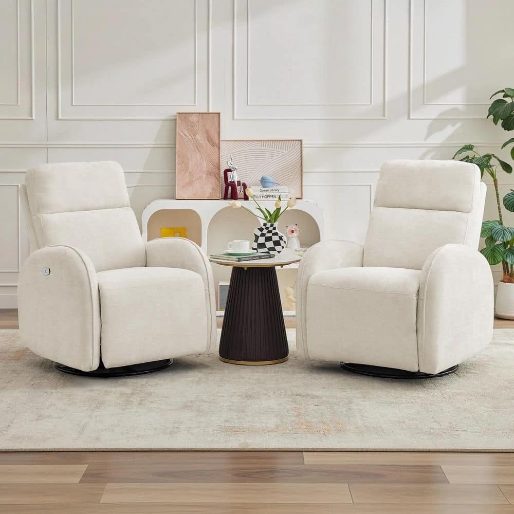 Chenille Beige 3-Position Swivel Power Nursery Recliner With USB And Induction Light Strip For Living Room (Set Of 2) 1 Chenille Beige 3-Position Swivel Power Nursery Recliner With USB And Induction Light Strip For Living Room (Set Of 2)