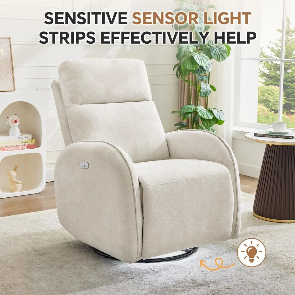 Chenille Beige 3-Position Swivel Power Nursery Recliner With USB And Induction Light Strip For Living Room (Set Of 2) 3 Chenille Beige 3-Position Swivel Power Nursery Recliner With USB And Induction Light Strip For Living Room (Set Of 2) - Image 3