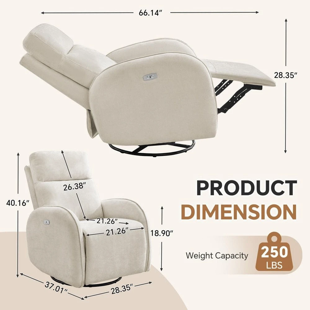 Chenille Beige 3-Position Swivel Power Nursery Recliner With USB And Induction Light Strip For Living Room (Set Of 2) 2 Chenille Beige 3-Position Swivel Power Nursery Recliner With USB And Induction Light Strip For Living Room (Set Of 2) - Image 2