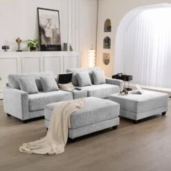 Laibai 111.81 In. Square Arm 4-Piece Velvet Modular Sectional Sofa In Beige With Cup Holder And Ottoman -More Furniture Store beige jearey sectional sofas dxrabcd beige 31 1000