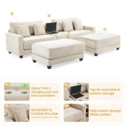 Laibai 111.81 In. Square Arm 4-Piece Velvet Modular Sectional Sofa In Beige With Cup Holder And Ottoman -More Furniture Store beige jearey sectional sofas dxrabcd beige 66 1000