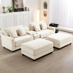 Laibai 111.81 In. Square Arm 4-Piece Velvet Modular Sectional Sofa In Beige With Cup Holder And Ottoman -More Furniture Store beige jearey sectional sofas dxrabcd beige c3 1000