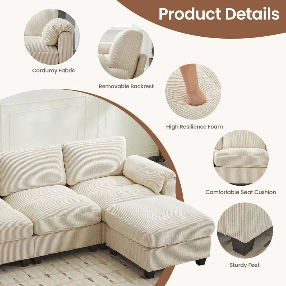 85.37 In. Corduroy Modular Rectangular Beige Sectional Sofa With Ottoman For Living Room And Spacious Space 5 85.37 In. Corduroy Modular Rectangular Beige Sectional Sofa With Ottoman For Living Room And Spacious Space - Image 5