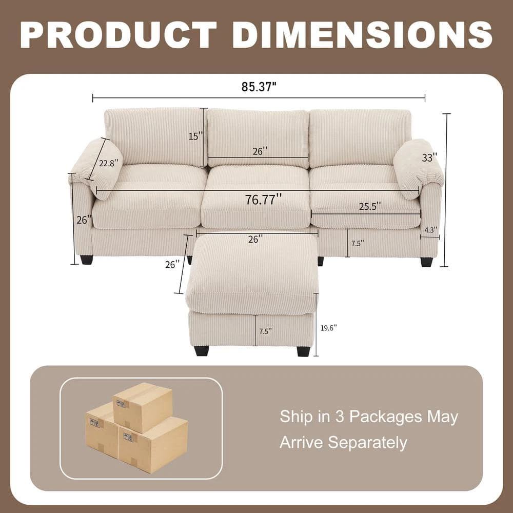 85.37 In. Corduroy Modular Rectangular Beige Sectional Sofa With Ottoman For Living Room And Spacious Space 2 85.37 In. Corduroy Modular Rectangular Beige Sectional Sofa With Ottoman For Living Room And Spacious Space - Image 2