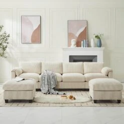 114.96 In Corduroy Modular U-Shaped Beige Sectional Sofa With 2-Ottomans For Living Room And Spacious Space -More Furniture Store beige jearey sectional sofas dxrzjsf6 beige 1f 1000